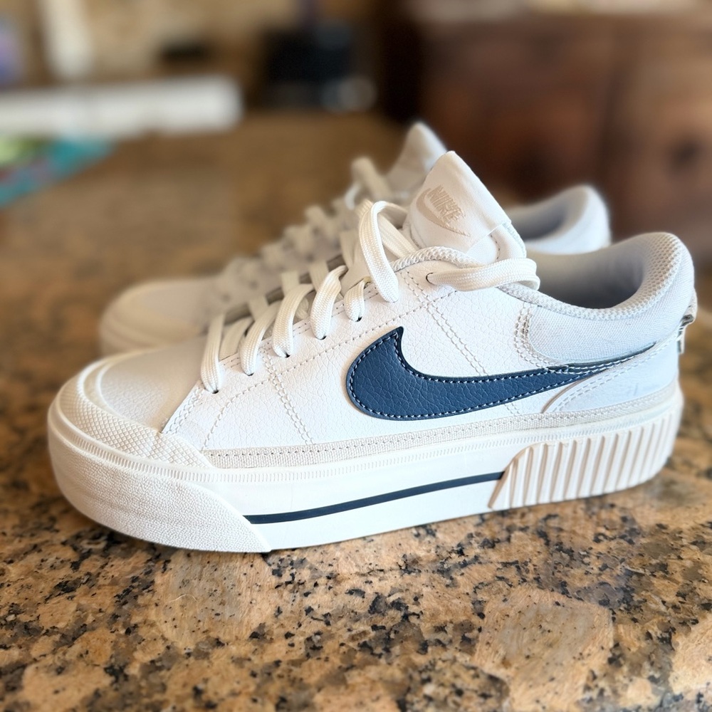 Nike White Sneakers with Blue Swoosh Platform - Picture 2 of 15